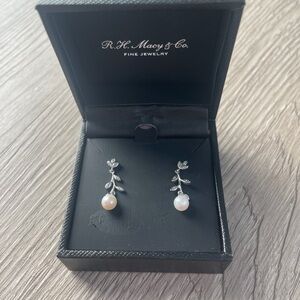 Macy's Silver and Pearl Leaf Earrings